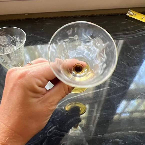 Vintage Tiffin Cordial Liquor Glasses Etched Amber Stems 4.5” Set Of 2 - Picture 5 of 8